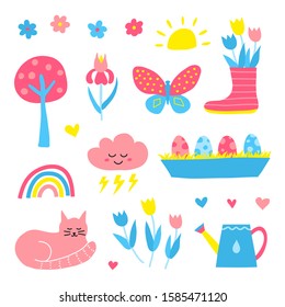 Set of simple doodle colorful spring icons isolated on white background. Perfect for kids design.
