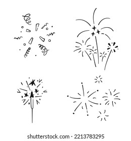 Set of simple doodle confetti, sparkler and fireworks. Collection of hand drawn elements holiday. Vector illustration