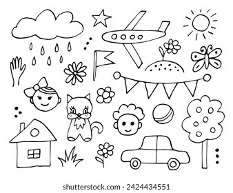 Set of simple doodle elements for children's design, icons. Happy childhood, summer, games, holidays.