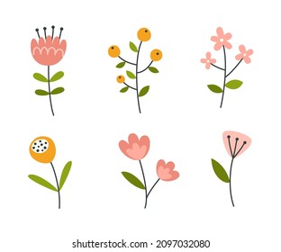 Set of simple doodle flower. Floral collection of design elements. Abstract plants bundle.