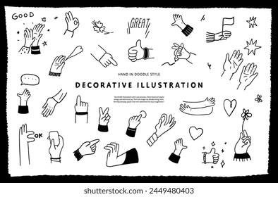 Un conjunto de ilustraciones decorativas simples dibujadas a mano con garabatos. Una variedad de gesto de la mano y los dedos con corazón, comentario, estrella, flor