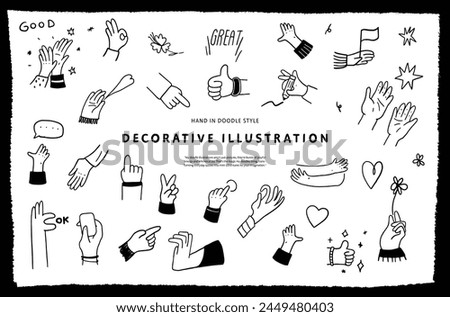 A set of simple doodle hand-drawn decorative illustrations. A various of hand gesture and fingers with herat, comment, star, flower