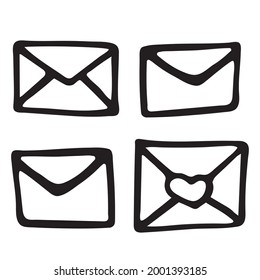 A set of simple doodle images of letter envelopes. Vector line illustration. Hand drawing.