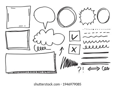 Set of simple doodle lines, curves, frames and spots.Doodle borders.checklist marks icon set on white background.