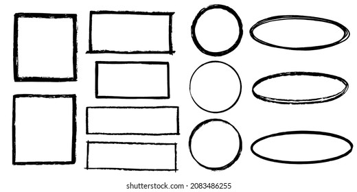 Set of simple doodle lines, curves, frames. Hand drawn square, circle  and oval scribble frames. Vector borders grunge template set. Vector isolated illustration.