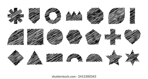 Set of simple doodle scribble black geometric shapes. Vector isolated elements on white background. Hand drawn scribble simple silhouette for trendy modern  collages, for office or school presentation