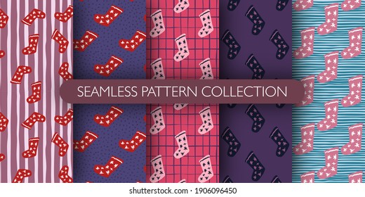 Set of simple doodle winter seamless pattern with christmas socks. New year gift socks ornament with stars collection. Great for wallpaper, textile, wrapping paper, fabric print. Vector illustration.
