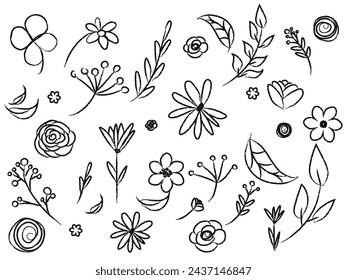 Set of simple doodles of flowers, hand drawn branches, leaves