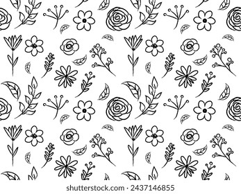 Conjunto de garabatos simples de flores, ramas dibujadas a mano, hojas
