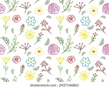 Set of simple doodles of flowers, hand drawn branches, leaves