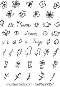 Conjunto de simples garabatos de flores, ramas y hojas. Rosa, tulipán y manzanilla. Biech, álamos, hierba, rama. Mejor para el diseño de bodas.  Ilustración vectorial aislada en fondo blanco.