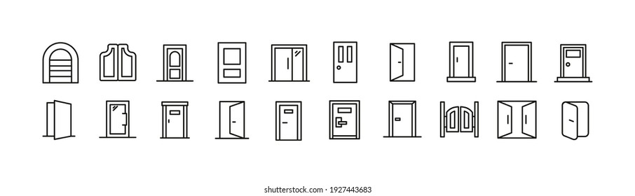 Conjunto de iconos simples de la línea de la puerta. Objeto de trazo de contorno. Envase de signos lineales. Perfecto para aplicaciones web y móviles.