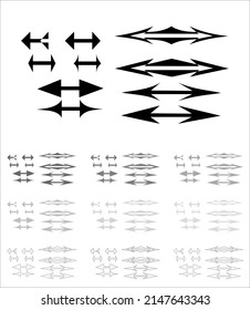 Set of simple double arrows. Vector. Gradient transition of the color of the arrows from black to light gray.