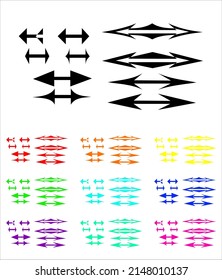 Set of simple double arrows. Vector. Colors of the rainbow, white spectrum.