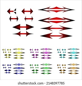 Set of simple double tinted gradient arrows. Color from rainbow spectrum to black. Vector. 