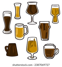 A set of simple drawings of different types of beer in different glasses and mugs.