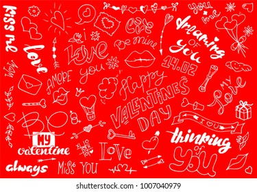A set simple drawings in Doodle style for Valentine's Day the red background  Collection elements for design: handlettering  hearts  arrows  lips  flowers  key  ribbon  letter  decor  