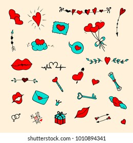 A set of simple drawings in Doodle style for Valentine's Day. Usable as postcards, posters, banners, flyers, badges, billboard, sticker or as separate elements for design.