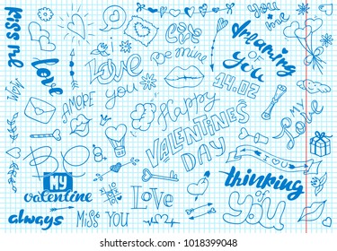 A set simple drawings in Doodle style for Valentine's Day notebook sheet  ?ollection elements for design: handlettering  hearts  arrows  lips  flowers  key  ribbon  letter  decor  