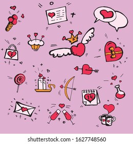 A set of simple drawings in Doodle style for Valentine's Day Collection of elements for design.Pattern :hearts,arrows,calendar,love potion, coffee,lock,love letter,candy,ice cream,love cake,heart wing