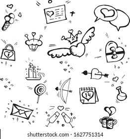 A set of simple drawings in Doodle style for Valentine's Day isolated on white background.Collection of elements for design.Coloring :hearts,arrows,calendar,love potion, cup of coffee,lock,love letter