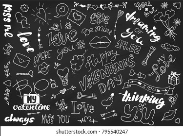 A set simple drawings in Doodle style for Valentine's Day the chalk board  Collection elements for design: handlettering  hearts  arrows  lips  flowers  key  ribbon  letter  decor  