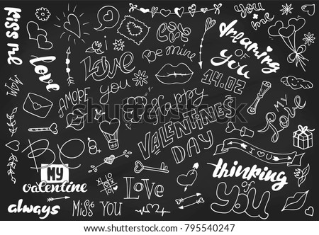 A set of simple drawings in Doodle style for Valentine's Day on the chalk board. Collection of elements for design: handlettering, hearts, arrows, lips, flowers, key, ribbon, letter, decor. 