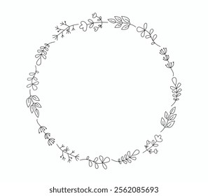 Set of simple drawings of plants, flowers, branches, leaves. Round frame, plant border. Hand drawn linear icons. Background, place for text.