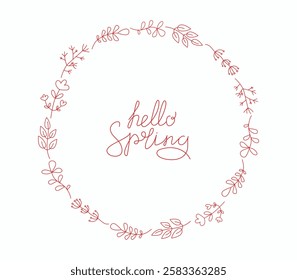 Set of simple drawings of plants, flowers, branches, leaves. Round frame, border. Hello spring, phrase, hand lettering. Floral ornament. Hand drawn. Congratulations, postcard.