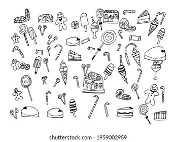 Set of simple drawings, sketches, doodle, candy, ice cream, lollipop, vector illustration isolated on white background.