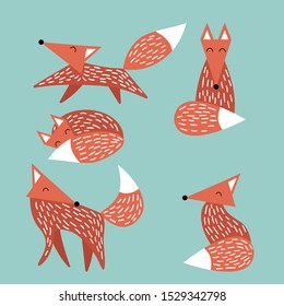 Set of simple drawn cute foxes isolated on green background. Funny woodland animals in trendy scandinavian style. Vector illustartion.