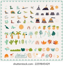 set with simple drawn dinosaurs, flower, mountains, sun,  palm