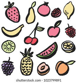 Set of simple drawn fruit in pastel colors, vector.
