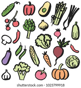 Set of simple drawn vegetables in pastel colors.