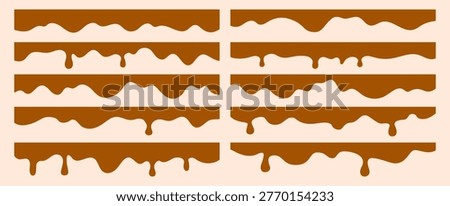Set of simple dripping liquid borders. Brown vector collection of melting chocolate, dripping cream, or paint, perfect for headers and frames