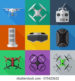 Set of simple drones flat icons and accessory on color squares vector illustration