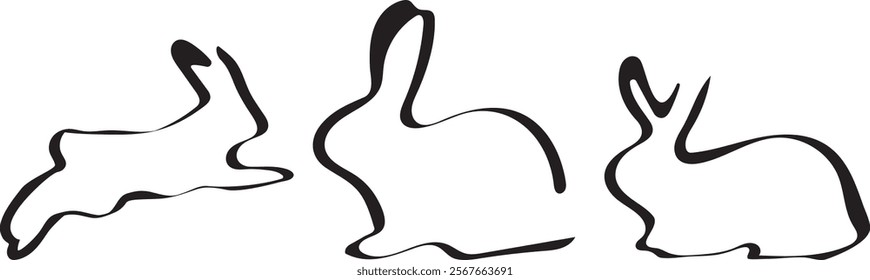 set of simple Easter bunny icons in different poses drawn with original calligraphic lines, for various logos or designs	
