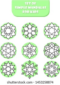 Set of simple easy children mandala for beginners, preschool kids. Coloring book page.