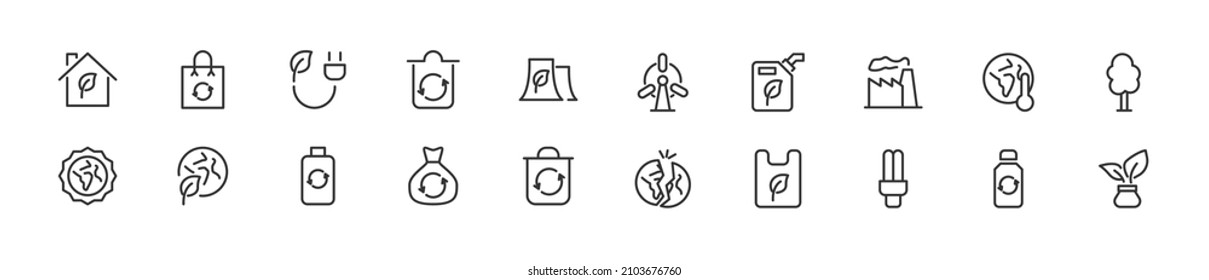 Set von einfachen Symbolen der Öko-Linie. Strich-Objekt in Umrissen. Paket mit linearen Schildern. Perfekt für Web-Apps und mobile Anwendungen.