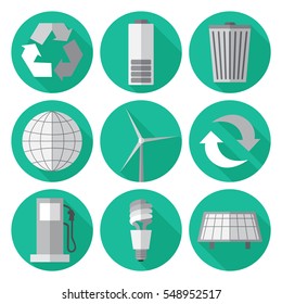 Set of simple ecology signs flat icons on green circles vector illustration