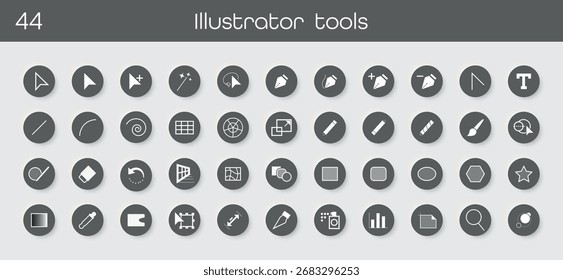 Set of simple editing tools icons in flat style. Collection includes brush, eraser, crop, text, zoom, move, pen, gradient and other symbols for creative design and projects. Vector illustration