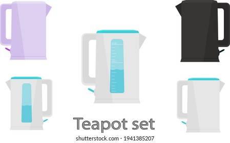 A set of simple electric kettles in different colors and options. Minimalistic home appliances. Flat vector illustration