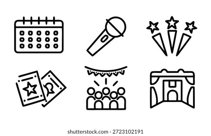 Un conjunto de íconos de línea negra simples y elegantes que representan varios Elementos de la planificación y celebración de eventos, incluido un calendario, micrófono, estrellas, entradas y un escenario.