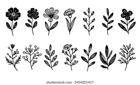 Set Of Simple Elegant Monochromatic Black And White Hand Drawn Flower Stem and Petals 