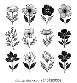 Set von schlichten eleganten monochromen Schwarzweiß in handgezeichneten Blumen Illustrationen