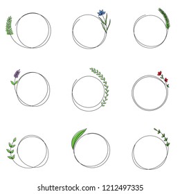 Set of simple elegant nine vector icons with herbs and flowers isolated on white background