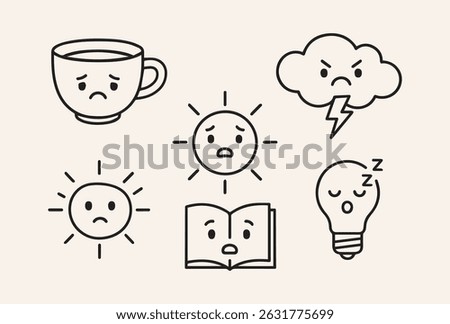 A set of simple emotion icons including a sad coffee cup, angry cloud, sleepy lightbulb, and more in a minimalist style.