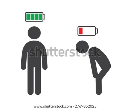 Set of simple energy level icons with stick person symbols and battery charge signs. One figure shows full energy and high productivity while another represents low battery fatigue and burnout. Minima