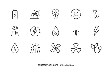 Set of simple energy  line icons. Outline stroke object. Linear signs pack. Perfect for web apps and mobile.