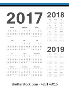 Set of simple Estonian 2017, 2018, 2019 year vector calendars. Week starts from Sunday.